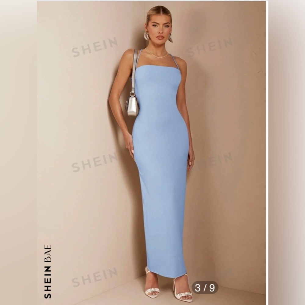 SHEIN Light Blue Bodycon Halter Neck
Spaghetti Strap Tie Low Back Shiny Dress M - Picture 7 of 16